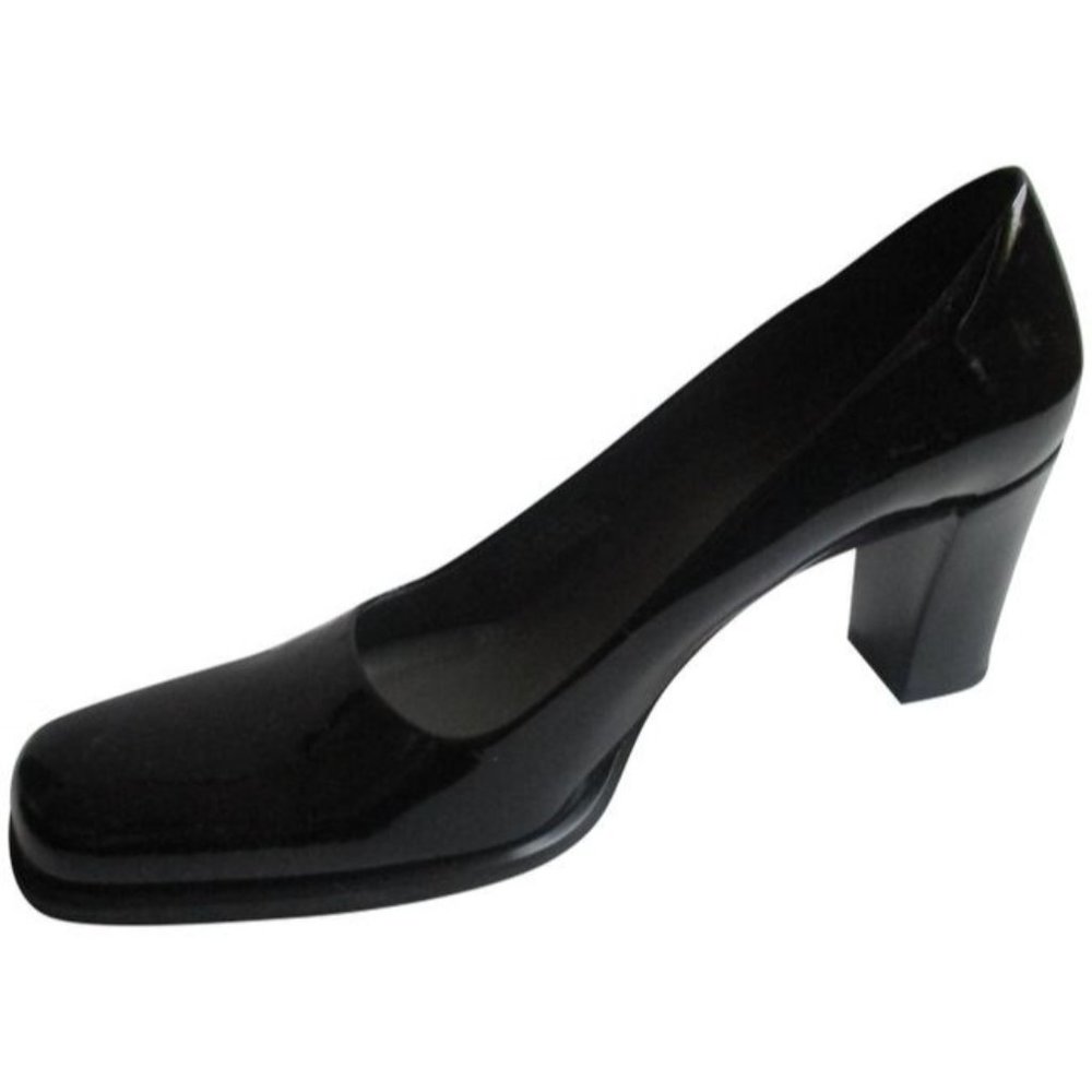 *Franco Sarto Black Patent Square Toe Stack Heel